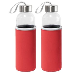 2x Stuks glazen waterfles/drinkfles met rode softshell bescherm hoes 520 ml