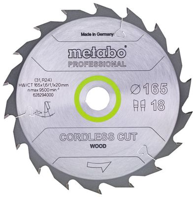 Metabo Cirkelzaagblad Cordless Cut Wood - Professional | 165 x 1.6 x 20 mm | Z18 WZ 20° - 628294000