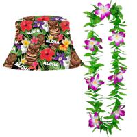 Carnaval verkleedset - Tropische Hawaii party - bucket hoedje - bloemenslinger paars - volwassenen - thumbnail