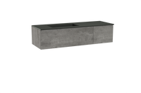 Storke Edge zwevend badmeubel 150 x 52 cm beton donkergrijs met Scuro asymmetrisch linkse wastafel in kwarts mat zwart