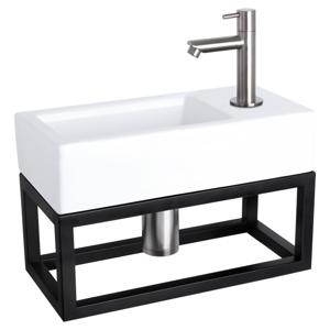 Differnz Ravo fonteinset keramiek - kraan recht - met handdoekrek - 38.5 x 18.5 x 9 cm - mat chroom