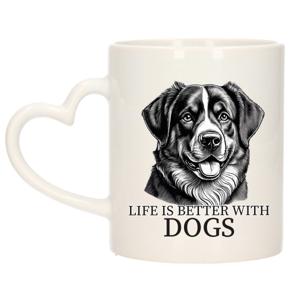 Cadeau mok voor honden liefhebbers - Berner Sennenhond - wit met hartjes oor - keramiek - 300 ml