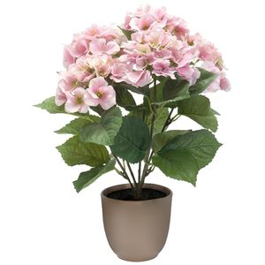 Hortensia kunstplant/kunstbloemen 40 cm - roze - in pot taupe mat