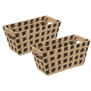 Rieten opbergmand - 2x - gevlochten rechthoek - beige/zwart - 31 x 15 x 15 cm