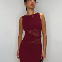Bon&Bon Women's Black Lace Stitching Elegant Maxi Bodycon Party Dress Burgundy / XS