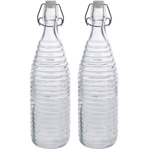 2x Glazen flessen transparant strepen met beugeldop 1000 ml