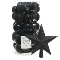 Decoris kerstballen 30x stuks - zwart 4/5/6 cm kunststof mat/glans/glitter mix en piek - thumbnail