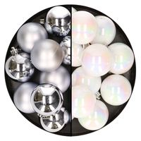 24x stuks kunststof kerstballen mix van zilver en parelmoer wit 6 cm - thumbnail