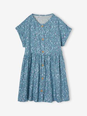 Geknoopte meisjesjurk met bloemen hemelsblauw