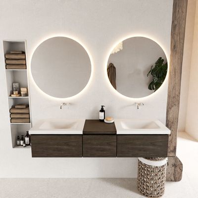 MONDIAZ BUKLA 160cm badmeubel met module 40 kleur Dark Brown met 3 lades. Wastafel CLOUD dubbel 0 kraangaten kleur Talc.