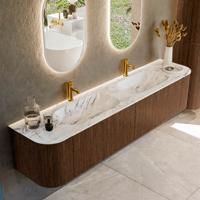 Badmeubel Mondiaz Kurve-Dlux | 200 cm | Meubelkleur Walnut | Wastafelkleur Glace | Solid surface | Dubbele spoelbak | 2 kraangaten