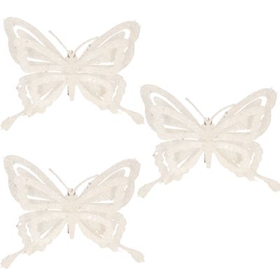6x stuks decoratie vlinders op clip glitter wit 14 cm