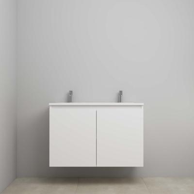On-Line Onderkast - 100 cm - Voorgemonteerd - Greeploos 2 Deuren - Acryl Wastafel - 2 Kraangaten - Mat Wit