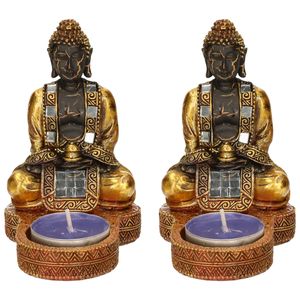 2x stuks indische boeddha theelichthouders goud/zwart 12 cm