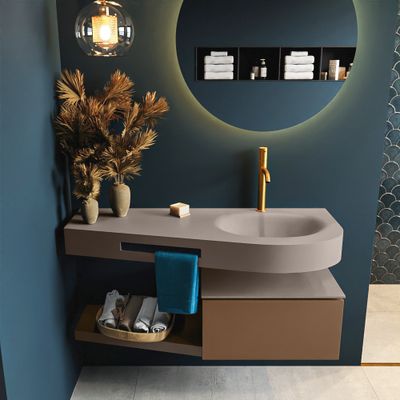 MONDIAZ RIVA 120cm badmeubel onderkast / planchet kleur Rust met 1 lade. Wastafel DULCET rechts 1 kraangat kleur Smoke.