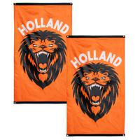 Gevelvlag met brullende leeuw print - 2x - 90 x 150 cm - polyester - oranje - Nederlands team versie