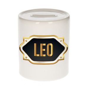 Naam cadeau spaarpot Leo met gouden embleem