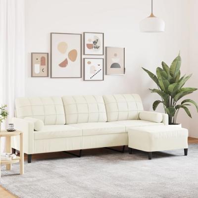 Driezitsbank met voetenbank 210 cm fluweel crèmekleurig
