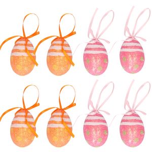 Decoratie paaseieren hangend - 12x stuks - oranje/roze - piepschuim - 6 cm