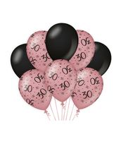 Ballonnen 30 Jaar Roze/Zwart (8st) - thumbnail