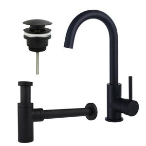 Fortifura Calvi Wastafelkraanset - hoge wastafelkraan - draaibare uitloop - klikwaste plug - design sifon - Mat zwart SW809347/SW696199/SW696210