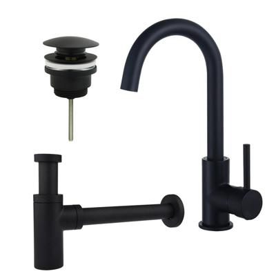 Fortifura Calvi Wastafelkraanset - hoge wastafelkraan - draaibare uitloop - klikwaste plug - design sifon - Mat zwart SW809347/SW696199/SW696210
