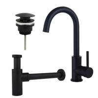 Fortifura Calvi Wastafelkraanset - hoge wastafelkraan - draaibare uitloop - klikwaste plug - design sifon - Mat zwart SW809347/SW696199/SW696210