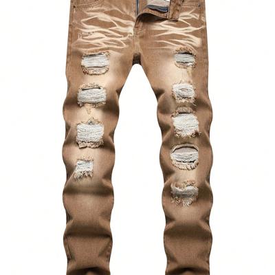Men's Ripped Distressed Denim Jeans - Black Slim Fit Skinny Brown / 38