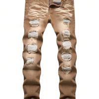 Men's Ripped Distressed Denim Jeans - Black Slim Fit Skinny Brown / 38