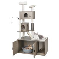Krabpaal met Kattenbak 2-In-1 Kattenboom met 2 Huizen Zitvlak Sisalstammen Krabplank en Helling Kattenkrabpaal en Helling 95 x 55,5 x 173 cm