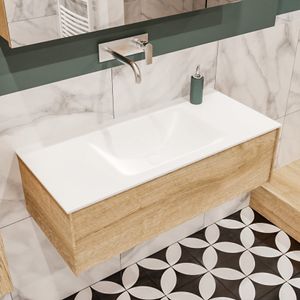Mondiaz Lush Cloud badmeubel eiken licht 100 cm 1 lade solid surface enkele spoelbak midden zonder kraangat