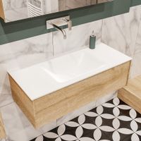 Mondiaz Lush Cloud badmeubel eiken licht 100 cm 1 lade solid surface enkele spoelbak midden zonder kraangat