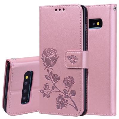 Rose reliëf horizontale flip pu lederen behuizing voor Galaxy S10 met houder & kaart slots & portemonnee (rose goud)