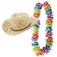 Carnaval verkleed set - Tropische Hawaii party - strohoed - met LED gekleurde bloemenslinger