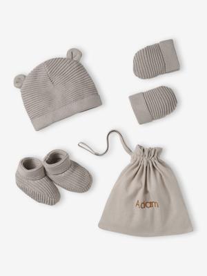 Babyset muts, wanten en sloffen van biologisch katoen en zijn aanpasbare pochon gemêleerd beige