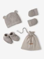 Babyset muts, wanten en sloffen van biologisch katoen en zijn aanpasbare pochon gemêleerd beige