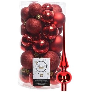 Decoris kerstballen 30x stuks - rood 4/5/6 cm kunststof mat/glans/glitter mix en piek