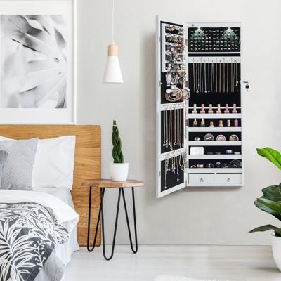 Hangende Sieradenkast 2-in-1 Spiegelkast met LED-verlichting & Lades Sieradenorganizer voor Wand-/Deurmontage Wit