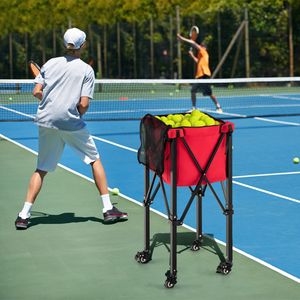 Tennisballwagen Inklapbaar Lichte Tennisbalkorf met Wielen Zijzak en Draagtas Draagbare Balwagen van Aluminium voor 150 Tennisballen Rood