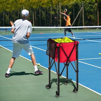 Tennisballwagen Inklapbaar Lichte Tennisbalkorf met Wielen Zijzak en Draagtas Draagbare Balwagen van Aluminium voor 150 Tennisballen Rood