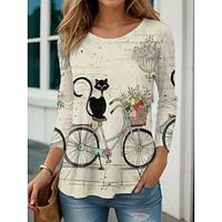 Dames T-shirt Kat Afdrukken Dagelijks Casual Lange mouw Strakke ronde hals gebroken wit Lente Herfst Lightinthebox - thumbnail