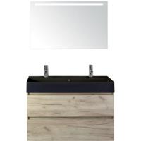 Maxx XL Badmeubelset 100 cm - Craft Oak - Wastafel Kube Zwart 2 Kraangaten met LED Spiegel