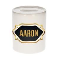 Spaarpot met voornaam Aaron - wit - goud/zwart embleem - 8 x 9 cm - keramiek - afsluitdop