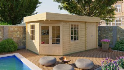 Tuindeco Helge Blokhut 250x500 cm 44 mm vuren blank- Plat dak- Onbehandeld vurenhout- Tuindeco