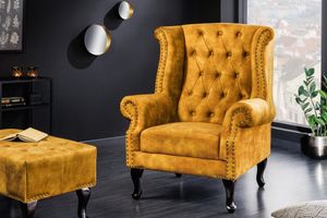 Design vleugelfauteuil CHESTERFIELD 85cm mosterdgeel fluweel knoopstiksel veerkern - 41444