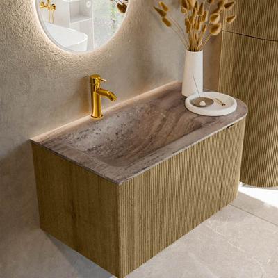 Badmeubel Mondiaz Kurve-Dlux | 85 cm | Meubelkleur Dusk | Wastafelkleur Oza | Solid surface | Wasbak linker zijde spoelbak | 1 kraangat