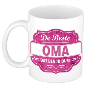 De beste oma dat ben ik cadeau mok / beker wit met roze embleem 300 ml