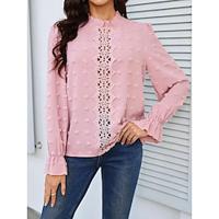 Dames Blouse Effen Kleur Ruche Lapwerk Vakantie Elegant Stijlvol Bel Lange mouw Hoge nek Blozend Roze Lente Herfst Lightinthebox