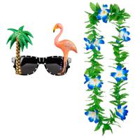 Tropische Hawaii party verkleed accessoires set - Funny zonnebril - en bloemenkrans groen/blauw - thumbnail