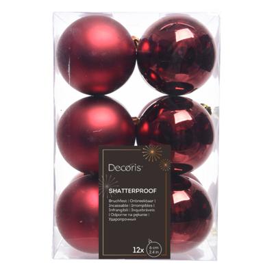 Decoris Kerstballen - 12x - donkerrood - kunststof - 6 cm - onbreekbaar - kerstversiering